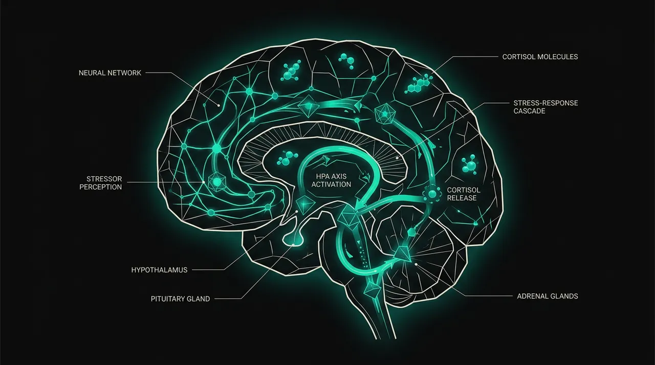 Near-black abstract geometric illustration of neural pathways and cortisol spikes with a teal accent