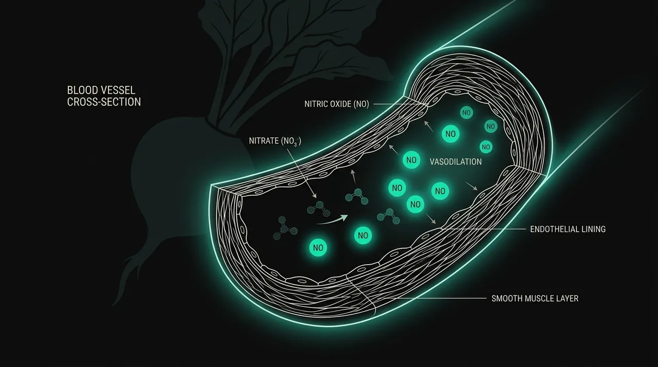 Near-black conceptual illustration of a blood vessel and a molecular structure, highlighted by a teal accent.