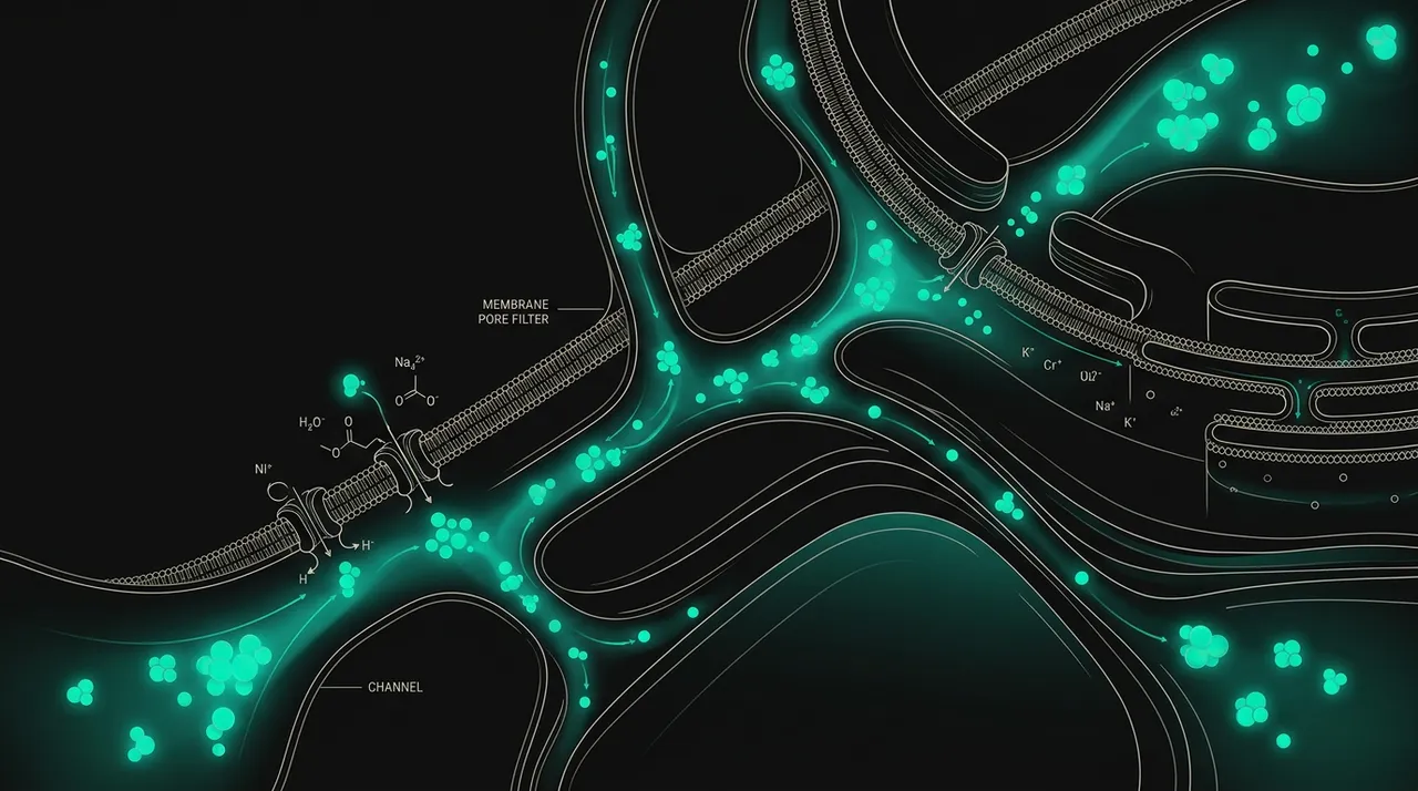 Abstract glowing teal magnesium ions flowing through a network of channels on a near-black background
