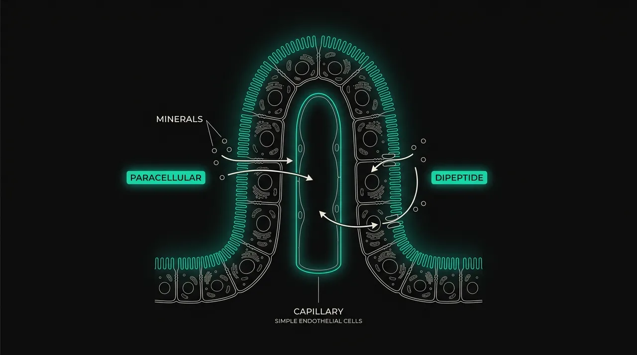 Infographic showing magnesium absorption routes: paracellular solvent drag and a dipeptide transport pathway across the intestinal wall