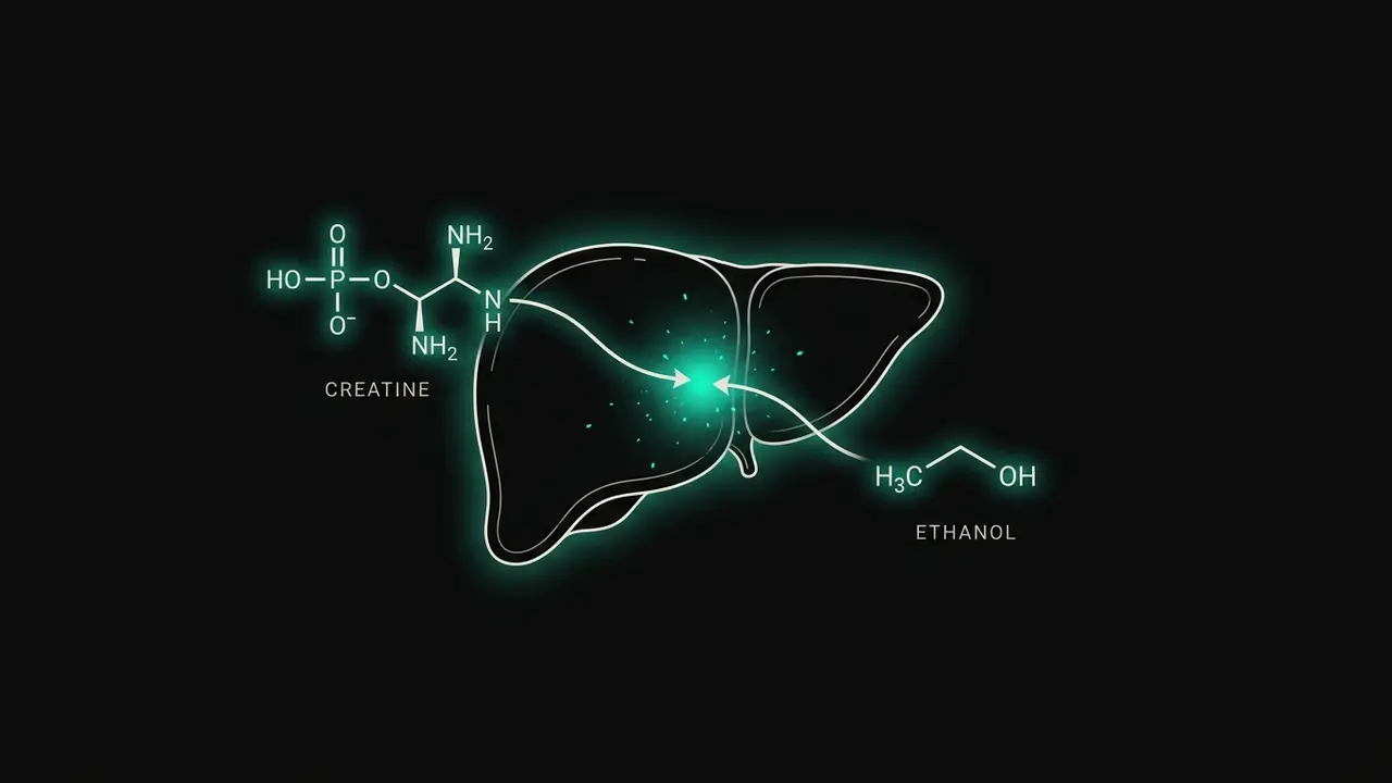 Near-black background with teal-accented molecular pathway diagram showing creatine phosphate and ethanol metabolism converging at hepatic oxidative stress nodes
