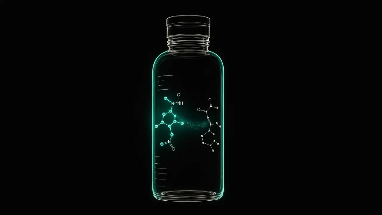 Near-black background with teal molecular pathway lines connecting a creatine phosphocreatine icon to a branched-chain amino acid structure, illustrating co-ingestion timing concept