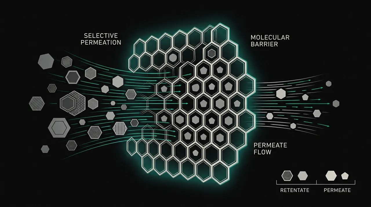 Near-black abstract illustration with teal accent lines depicting a molecular barrier filtering hexagonal shapes