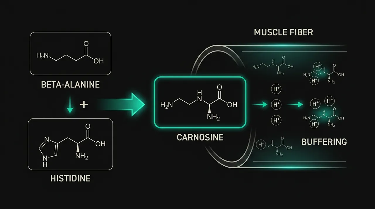Infographic showing beta-alanine combining with histidine to form carnosine that buffers acid in muscle