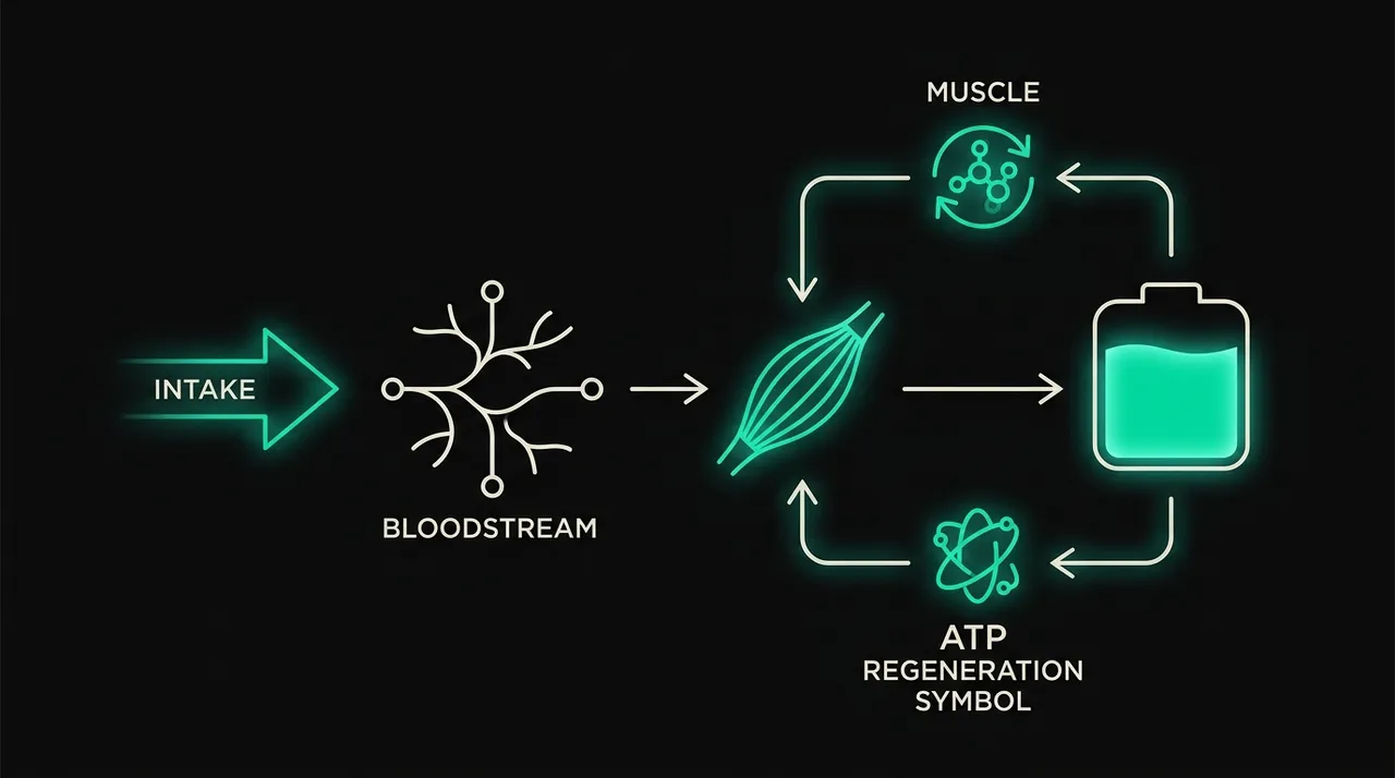 Infographic of the creatine phosphate energy pathway from intake to muscle saturation to ATP regeneration