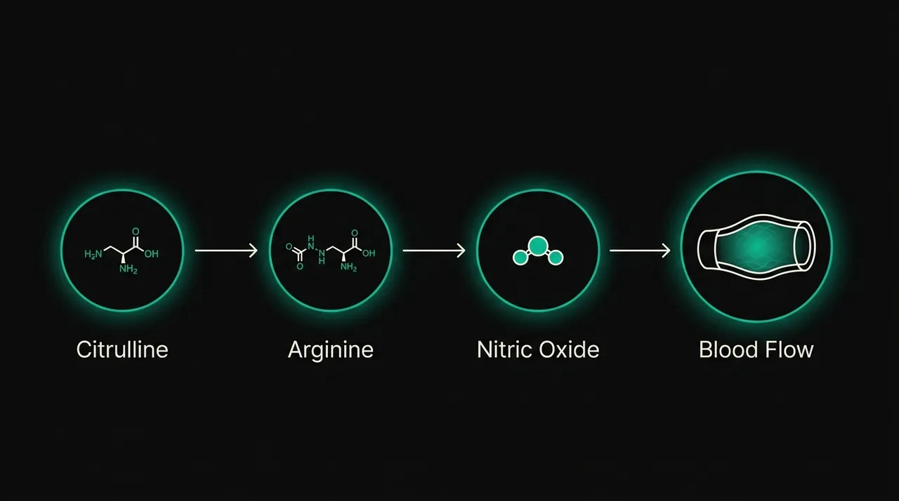 A diagram of the conversion pathway from Citrulline to Arginine to Nitric Oxide, leading to vasodilation and increased blood flow.
