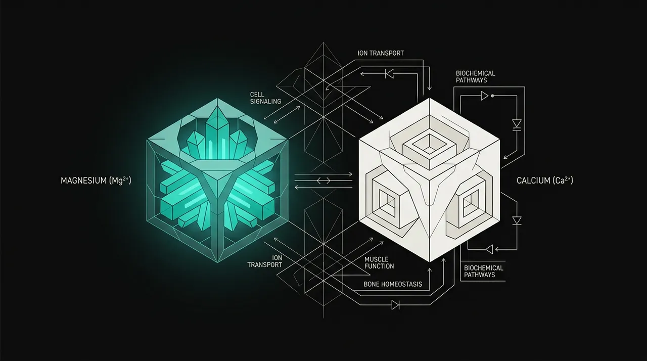 Conceptual illustration of two interacting mineral blocks, near-black background with teal accent