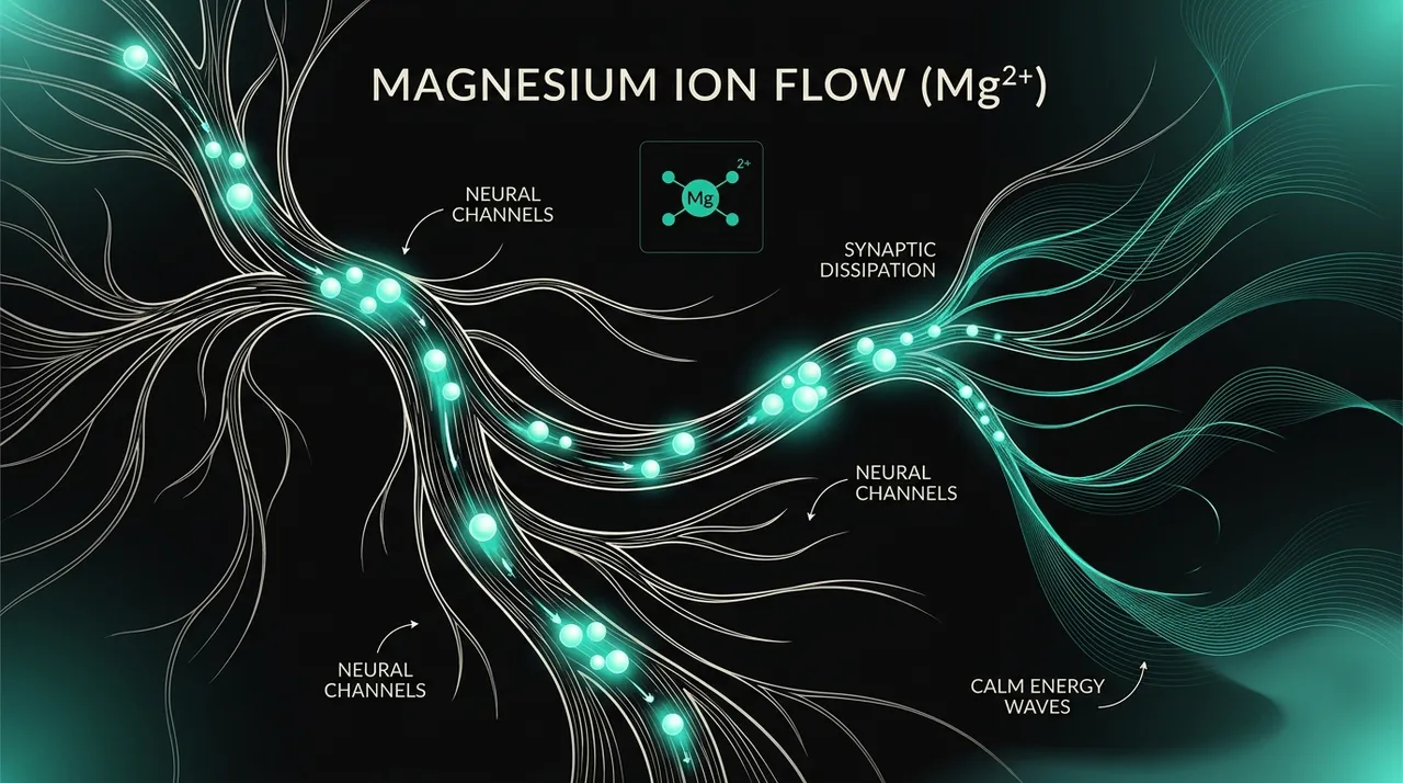 Abstract glowing teal magnesium ions flowing through dark neural pathways