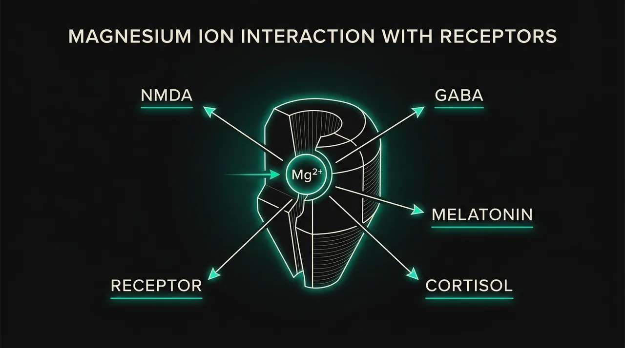 Infographic of magnesium acting on NMDA receptors, GABA, melatonin and cortisol