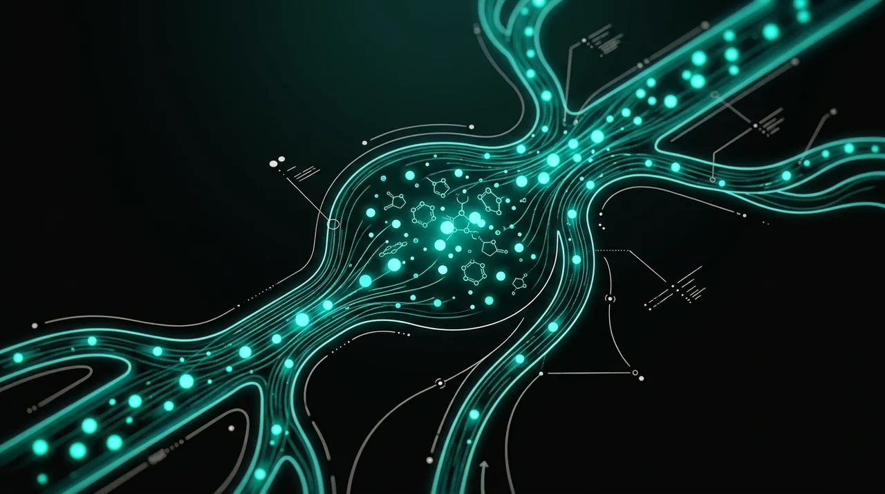 Abstract glowing teal magnesium ions flowing through a dark network of vessels