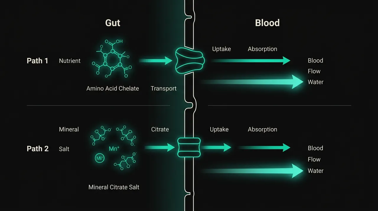 Infographic comparing how magnesium glycinate and citrate move through the gut into the bloodstream