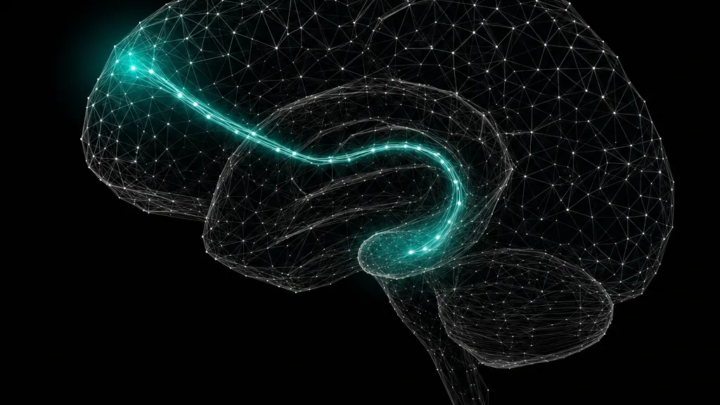Near-black silhouette of a human brain composed of geometric nodes and lines, illuminated by a glowing teal accent pathway connecting the prefrontal cortex to the hippocampus.