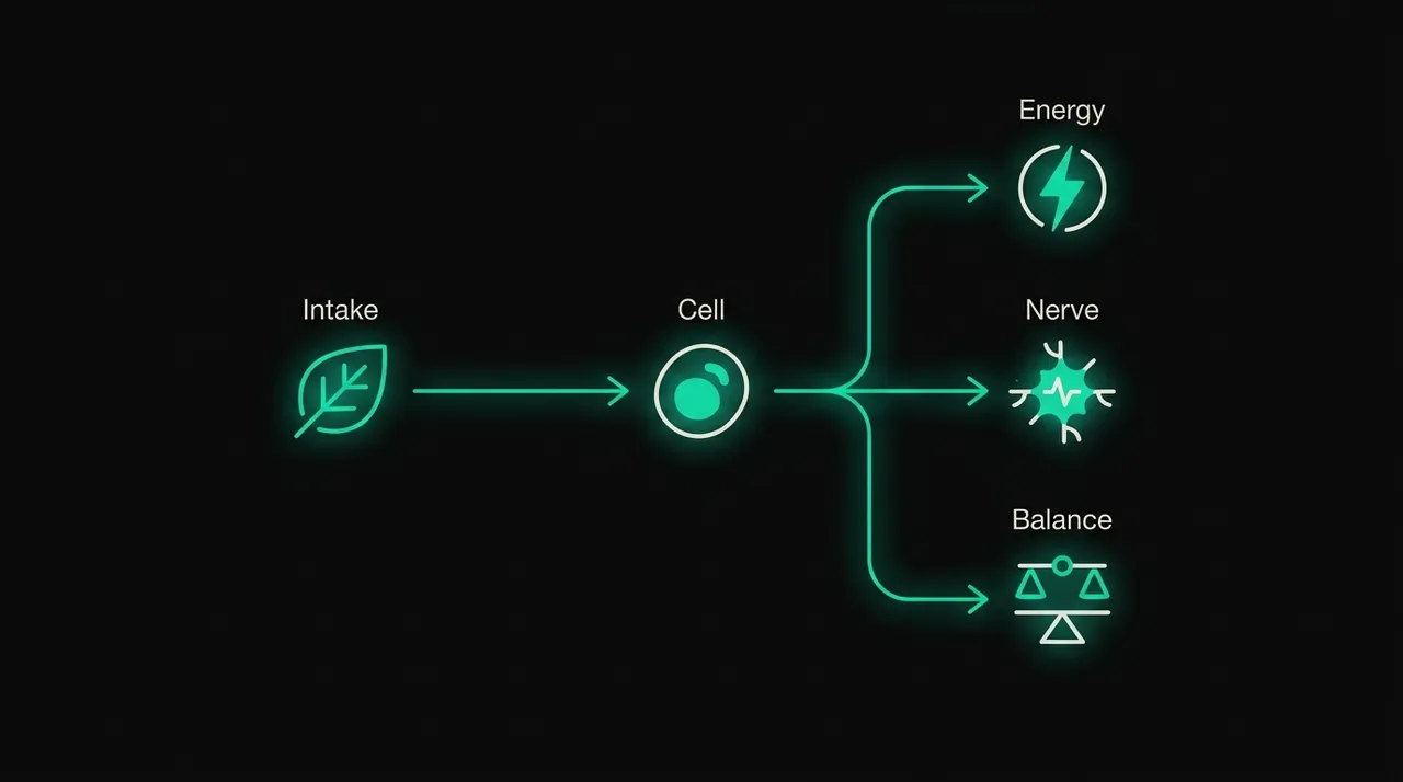 Infographic showing dietary magnesium intake, cellular uptake, and downstream roles in energy, nerves, and electrolytes